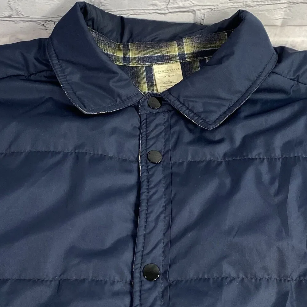 Aeropostale Mens Reversible Aero‎ Solid & Plaid Puffer Jacket Size 2XL Snap 6342